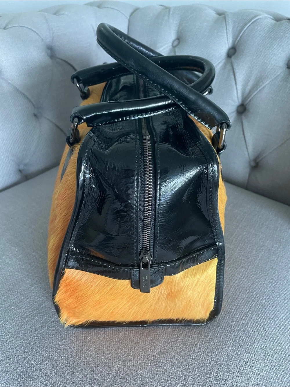 TOUS Black Leather Trim Satchel with Orange Haircalf Front